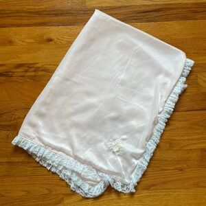 Vintage 1976 Pastel Pink Satin Baby Blanket With Lace Trip & Embroidery